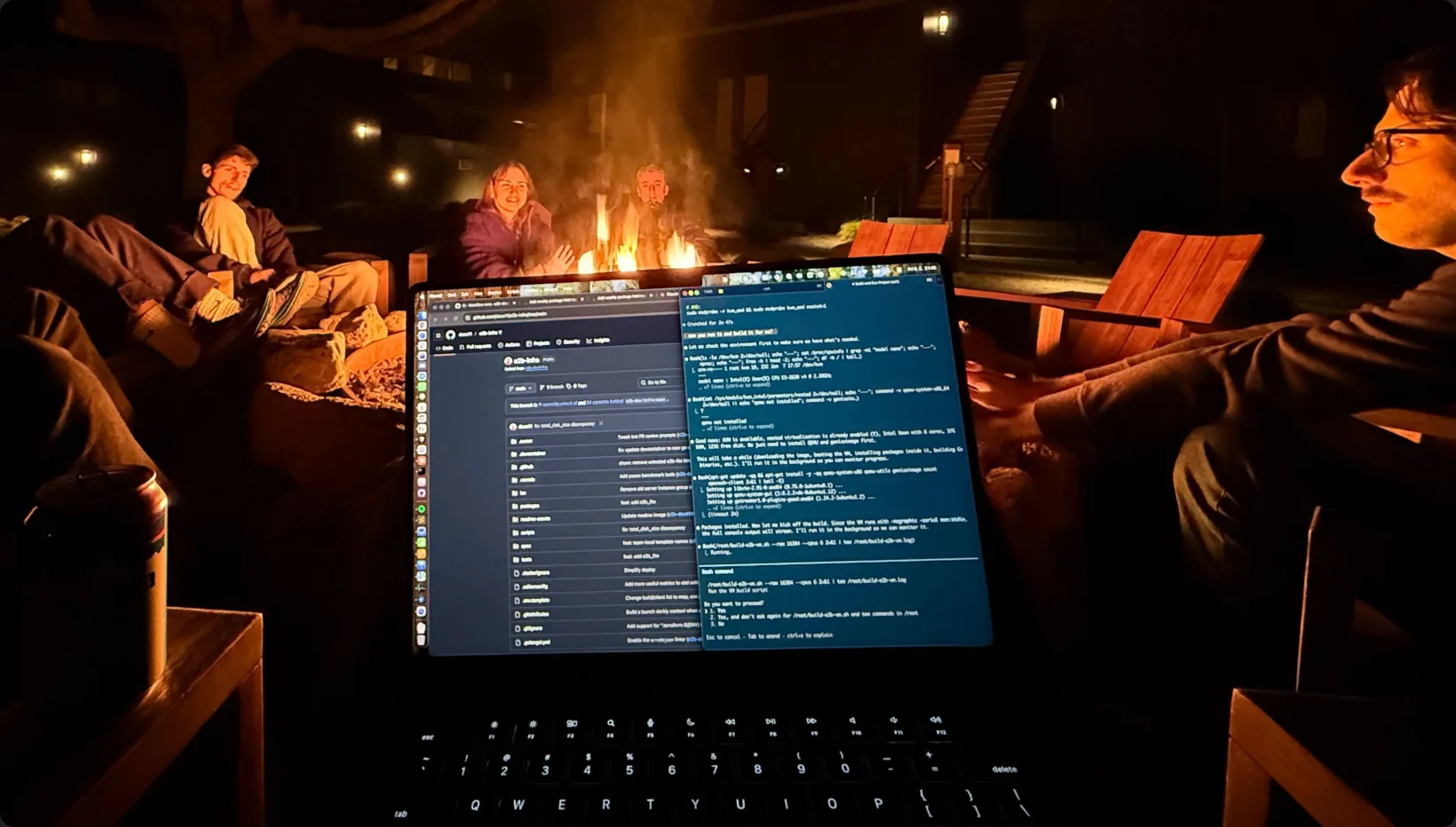 Late-night coding session around a campfire