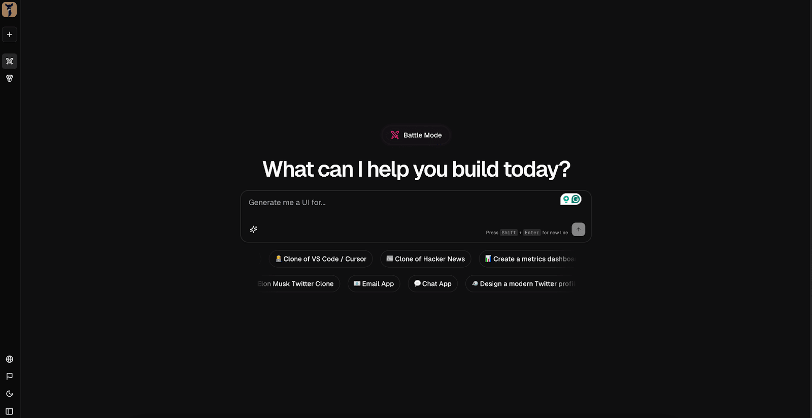 WebDev Arena home screen in Battle Mode asking “What can I help you build today?” with a prompt input and suggested app ideas like a VS Code clone, Hacker News clone, and chat app.