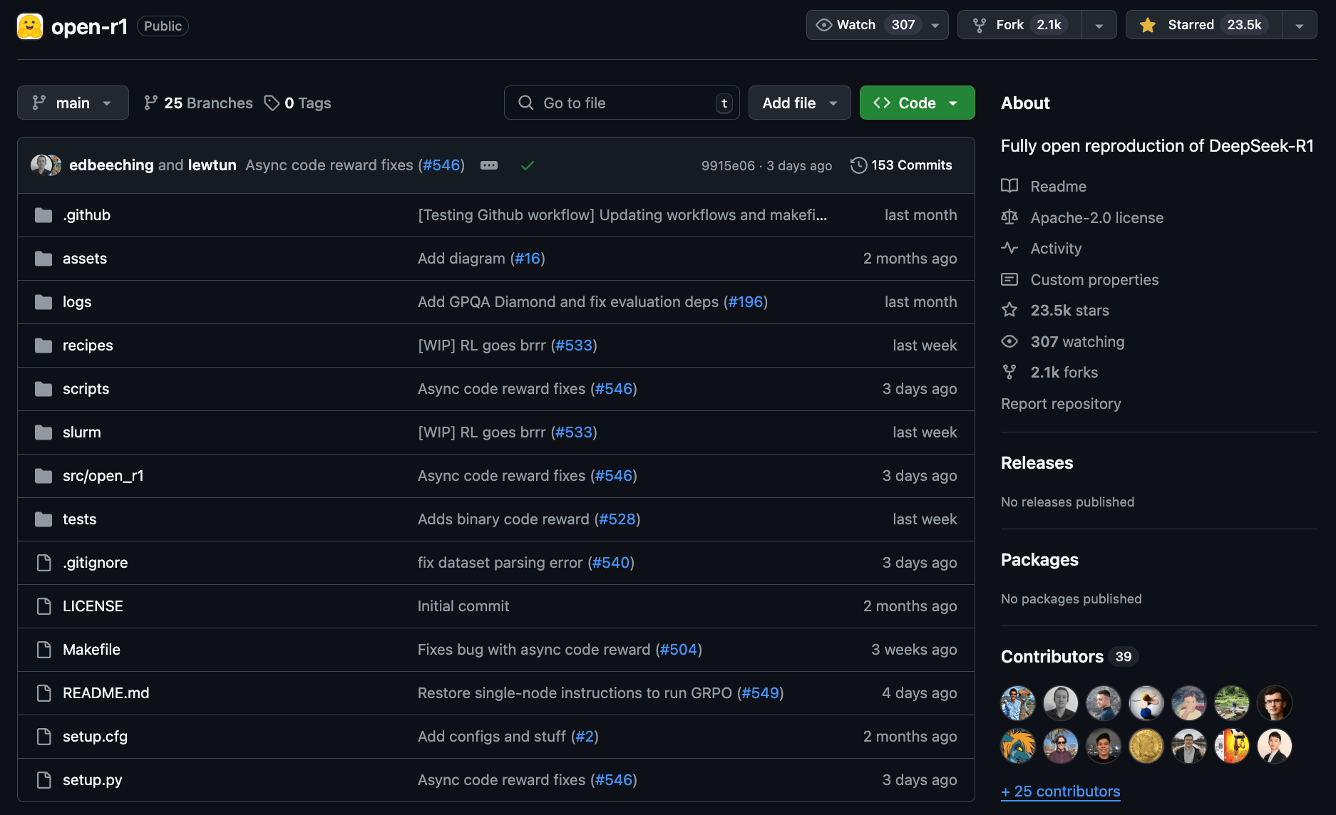 Screenshot of the open-r1 public GitHub repository, an open reproduction of DeepSeek-R1, showing its code files, 23.5k stars, 2.1k forks, and 39 contributors.