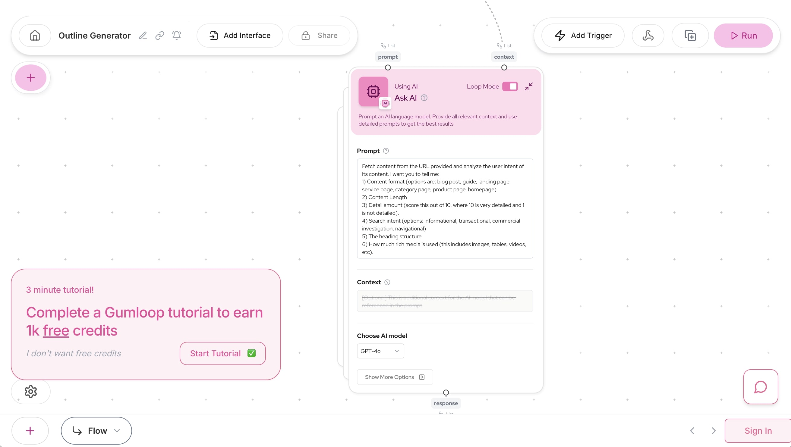Gumloop workflow builder interface showing an AI-powered automation node