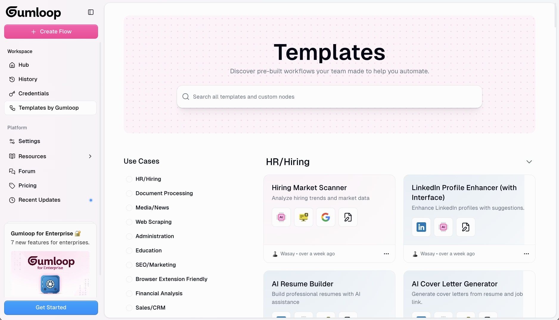 Gumloop templates library showing pre-built AI automation workflows