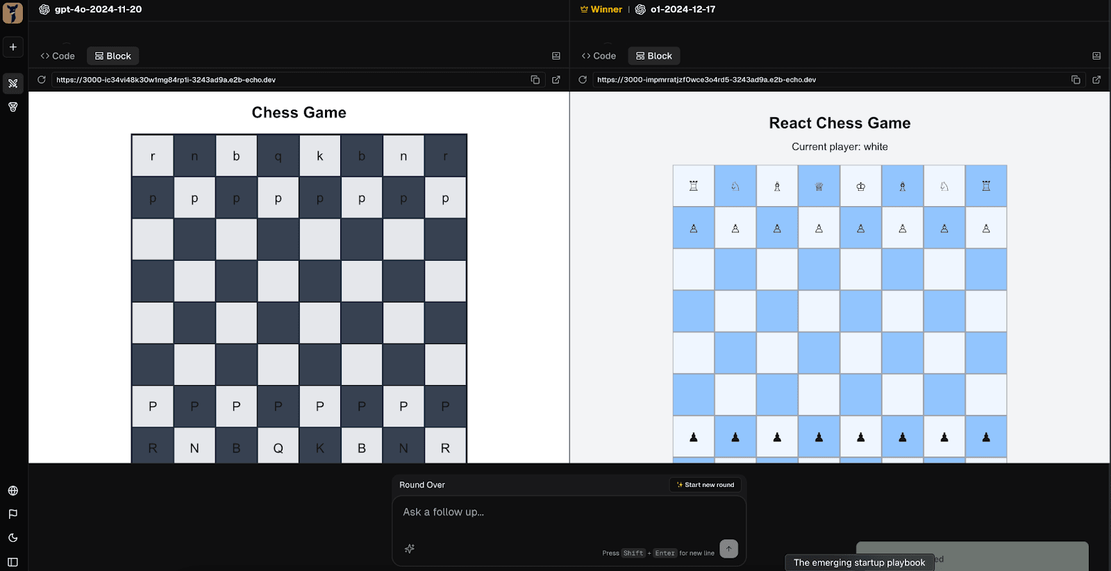 Side-by-side WebDev Arena battle where gpt-4o-2024-11-20 and o1-2024-12-17 each built a chess game web app running in E2B sandboxes, with o1 marked as the winner.