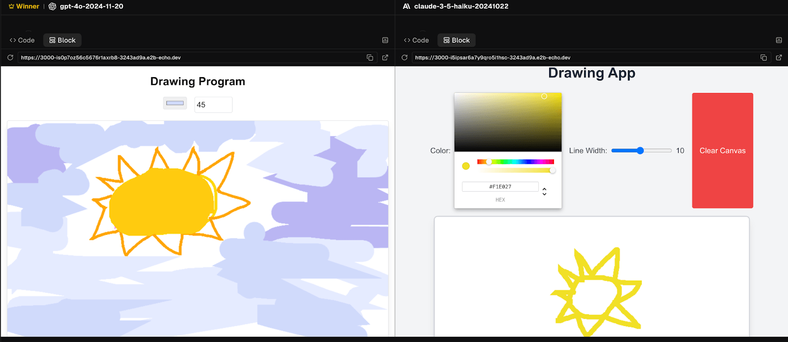 Side-by-side WebDev Arena battle where gpt-4o-2024-11-20 and claude-3-5-haiku-20241022 each built a drawing app, with gpt-4o marked as the winner.