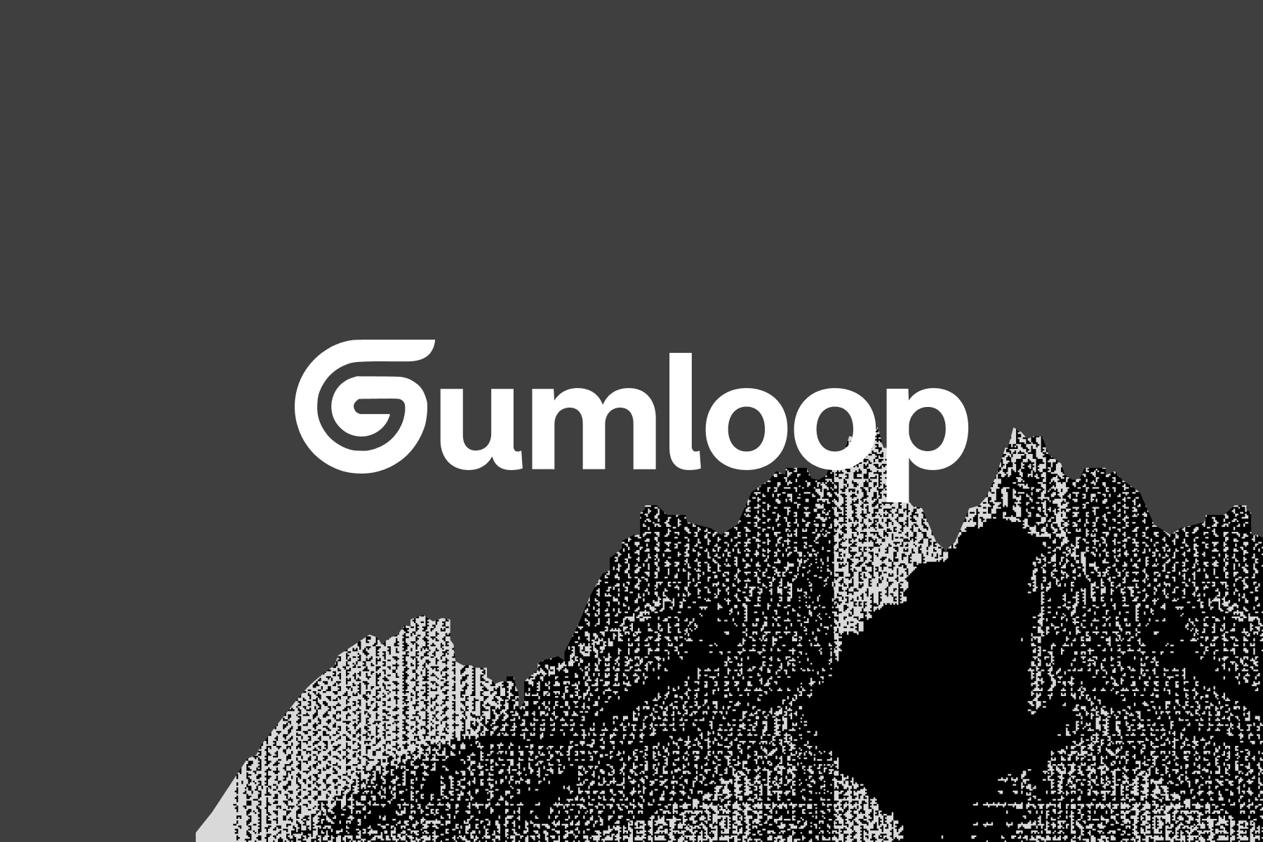 Gumloop logo over a dithered grey and black mountain terrain