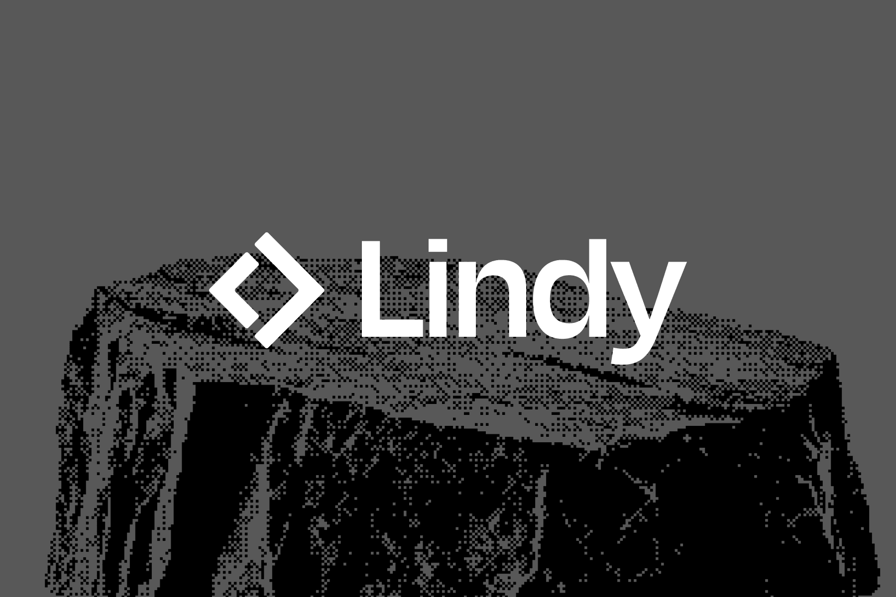 Lindy logo over a dithered grey and black rock terrain
